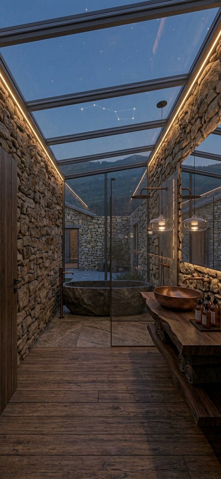 Baño de pedra baixo o cristal